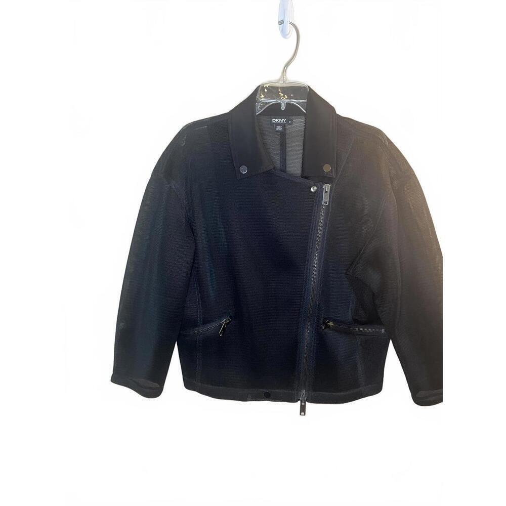 DKNY Silk Black Mesh Women's Moto Bomber Jacket Pockets Zippers Size Medium